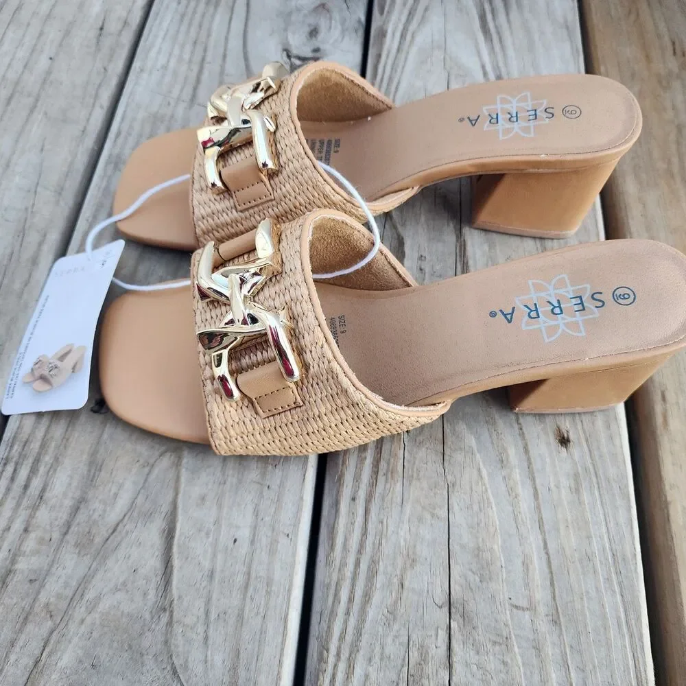 Serra Brown Block Heel Woven Design Gold Buckle Sandles Womens Size 9